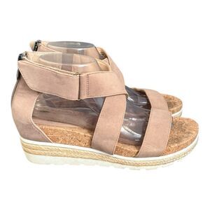 Adrienne Vittadini Tan Cecilia Wedge Sandals Espadrilles Cork Zip 10M Hook+loop